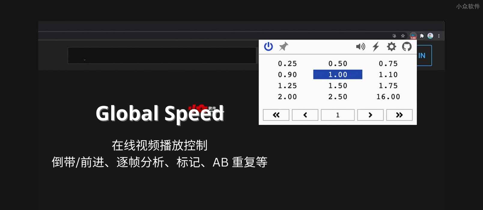 Global Speed - 在线视频播放控制：倍速、倒带/前进、逐帧分析、标记、AB 重复等[Chrome/Firefox]